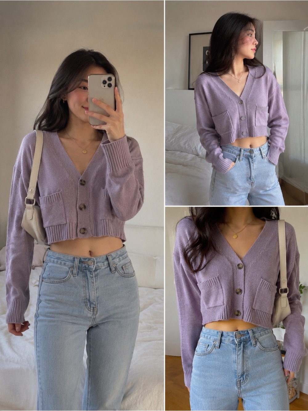 Aster Lavender Mauve Cropped V-Neck Button Cardigan